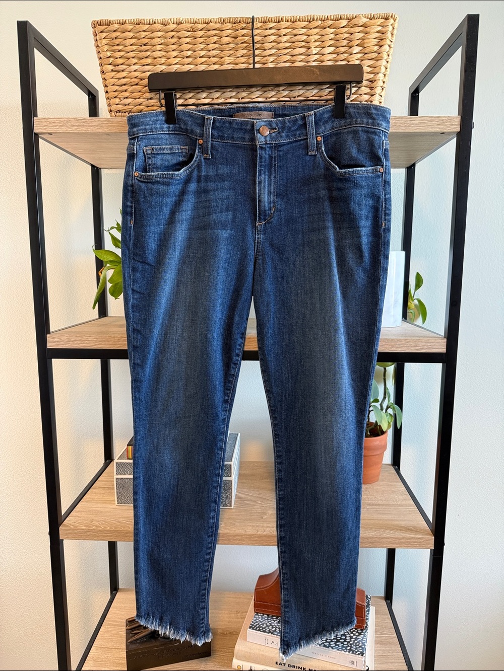 Joe’s Jeans Mid-Rise Skinny Ankle Diagonal Frayed Hem Jeans, 33